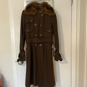 Mint condition army green wool coat with real raccoon fur collar